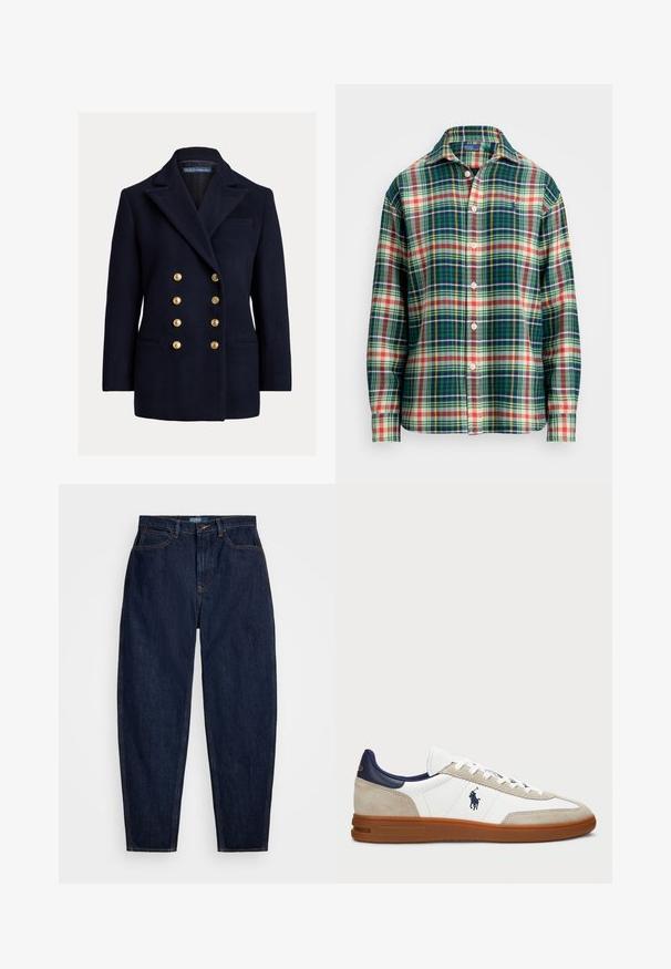 Kétsoros, gyapjú kék blézer, nagy aranygombokkal, hegyes hajtókákkal és oldalzsebekkel. Tartalmaz egy mellzsebet és testre szabott szabást.; Hosszú ujjas gombos ing zöld, tengerészkék, fehér, narancs és sárga kockás mintázattal, terjesztett gallérral, és kis hímzett logóval a mellrészen.; Sötétkék farmernadrág egyenes szabással, narancssárga varrással, elöl gombos záródással és öt zsebbel.; Fehér és bézs sportcipők velúr és bőr felsőrésszel, sötétkék részletekkel és barna gumitalppal. Oldalán logó található, fűzős kialakítással.