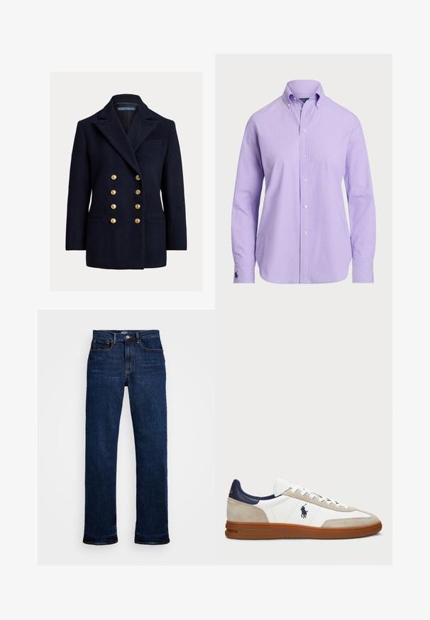 Divkrūšu zila žakete no vilnas ar lieliem zelta pogām, ar izteiktiem atlokiem un sānu kabatām. Rādot krūšu kabatu un pielāgotu piegriezumu.; Gaiši purpura pogu krekls ar klasisko apkakli, garām piedurknēm un vieglu audumu. Iekļauj diskrētu izšūtu logo uz piedurknes.; Tumši zilo džinsu bikses ar taisnu kāju griezumu, kas satur piecas kabatas, vara diegu šuvumus un klasisku pogas aizdari.; Baltas un beigts sporta apavi ar zamšiem un ādas augšdaļu, jūras zila akcenti un brūna gumijas zole. Iezīmē logotipu sānos un šņorēšanas dizains.