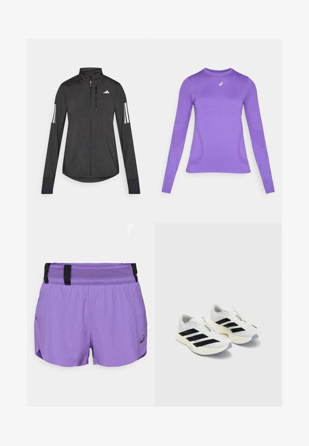 Veste de sport noire en matériau léger. Dotée d'une fermeture éclair sur le devant, d'un col haut et de trois rayures blanches sur chaque manche.; Haut de sport à manches longues en tissu violet clair, présentant un design ajusté, un col rond et une texture subtile avec un détail de logo sur la poitrine.; ASICS METARUN SPLIT SHORT - Short de sport - edo purple; Baskets de sport blanches avec des rayures noires et un logo, dotées d'une tige en mesh, d'un bout arrondi et d'une semelle épaisse crème pour un meilleur amorti.
