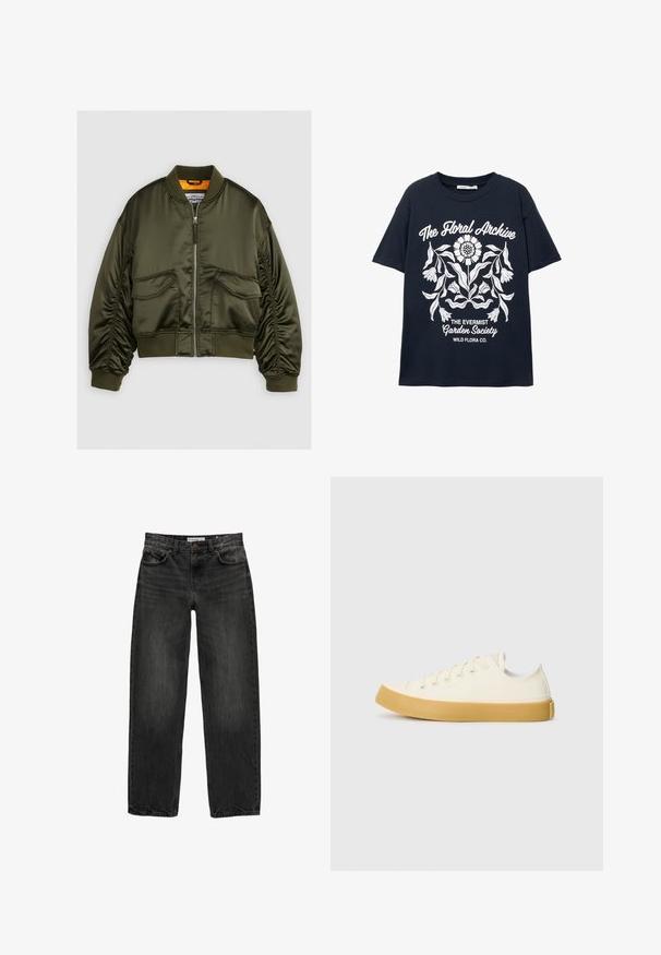 Olive green bomber jacket made from satin fabric, featuring a zip-up front, ribbed cuffs, and two front pockets. Accented with an orange lining.; Navy short-sleeve T-shirt with white floral graphic and text reading "The Floral Archive," "The Evermist Garden Society," and "Wild Flora Co."; Black denim jeans with a relaxed fit, straight leg, five-pocket design, and a slightly faded texture. Button and zipper closure at the front.; Canvas sneakers in off-white with a round toe, featuring beige rubber soles and five eyelets for laces, textured finish on the upper.