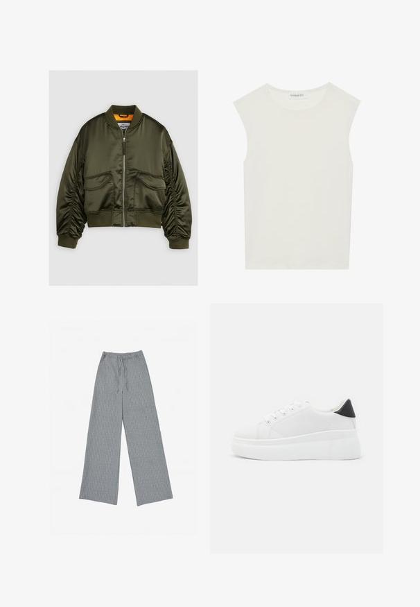 Olivenbrun bomberjakke lavet af satin stof, med en lynlåslukning foran, ribbede manchetter og to forlommer. Fremhævet med en orange foring.; Hvid ærmeløs top med rund halsudskæring. Lavet af glat stof, har den en afslappet pasform og minimalistisk design. Ingen mønstre eller accenter.; Grå bukser med vid ben lavet af en struktureret stof med et subtilt lodret stribemønster, med en elastisk talje og snoretræk.; Hvide platform sneakers lavet af glat syntetisk materiale, med en afrundet tå, snørebåndsdesign og en struktureret gummisål. Sorte hæl akcent.