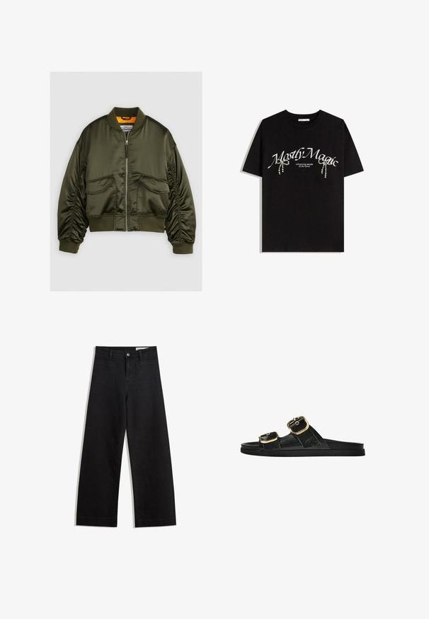 Olive green bomber jacket made from satin fabric, featuring a zip-up front, ribbed cuffs, and two front pockets. Accented with an orange lining.; Black cotton t-shirt featuring "Mostly Magic" text in white, adorned with decorative pearl accents. Short sleeves, relaxed fit, crew neck.; Black wide-leg denim pants with a high waist, featuring front and back pockets, stitched seams, and a button closure. Smooth texture.; Black slide sandal with two gold buckle accents, smooth textured material, flat sole, and a minimalist design.