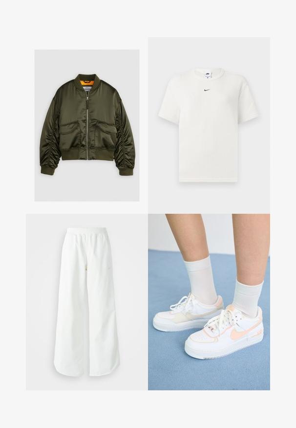 Olivenbrun bomberjakke lavet af satin stof, med en lynlåslukning foran, ribbede manchetter og to forlommer. Fremhævet med en orange foring.; Hvid ribbet t-shirt med rund halsudskæring og korte ærmer. Har et lille sort Nike-logo på brystet. Tekstureret stof med en tætsiddende pasform.; Hvide athletic bukser med vidde, ribbet talje og subtile logo detaljer. Glat stof med en afslappet pasform og tapered hals.; Hvide sneakers med ferskenfarvede detaljer, glat læderoverdel, perforeret tå, struktureret sål og snørebånd. Båret med hvide ankelstrømper på en blå overflade.