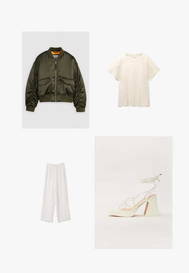 Olivenbrun bomberjakke lavet af satin stof, med en lynlåslukning foran, ribbede manchetter og to forlommer. Fremhævet med en orange foring.; Lys beige kortærmet t-shirt med rund halsudskæring, lavet af blødt, glat stof. Har en afslappet pasform og lige forneden.; Hvide bukser med bred benlængde lavet af et letvægtsstof. Har et elastisk talje med snor og sidelommer. Glat tekstur.; Hvide højhælede sandaler med en kraftig hæl, der har et stropdesign og ankelbinding. Glat tekstur med en platform foran for ekstra højde.