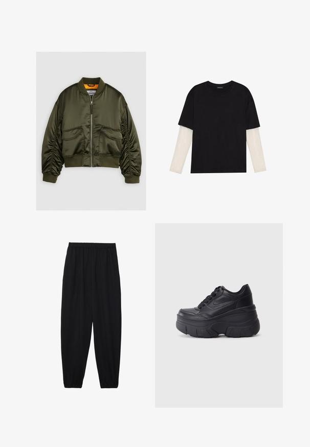 Oliivinvihreä bomber-takki, joka on valmistettu satiinikankaasta. Takissa on vetoketjukiinnitys, ribbireunat ja kaksi etutaskua. Takki on korostettu oranssilla vuorilla.; Mustapaita, joka on valmistettu puuvillasta ja jossa on lyhyet hihat valkoisen pitkähihasen kerroksen päällä, jossa on hienovarainen teksturoitu kuvio. Pyöreä kaula-aukko.; Mustat, kevyet housut, joissa on joustava vyötärö ja kerätyt nilkat. Kangas on sileä ja siinä on rento, kapeneva muotoilu.; Musta nauhallinen lenkkarit, joissa on paksu pohja, ja jotka sisältävät sileästä nahasta valmistetun yläosan, pyöreän kärjen ja erottuvan kerroksittain muotoillun pohjan.