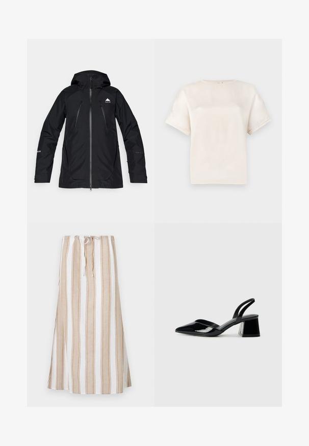 Black waterproof jacket with a hood, featuring zippered pockets, a smooth finish, and a logo on the chest and sleeve. Lightweight, athletic design.; Short-sleeve crew neck t-shirt in off-white, made of smooth fabric, featuring a relaxed fit and minimal stitching details on sleeves.; Striped skirt in white and light brown, featuring a drawstring waist and a long, flowing design. Made from lightweight fabric with a relaxed fit.; Black patent leather slingback heels with a pointed toe and a geometric block heel. Features a sleek, minimal design and smooth texture.