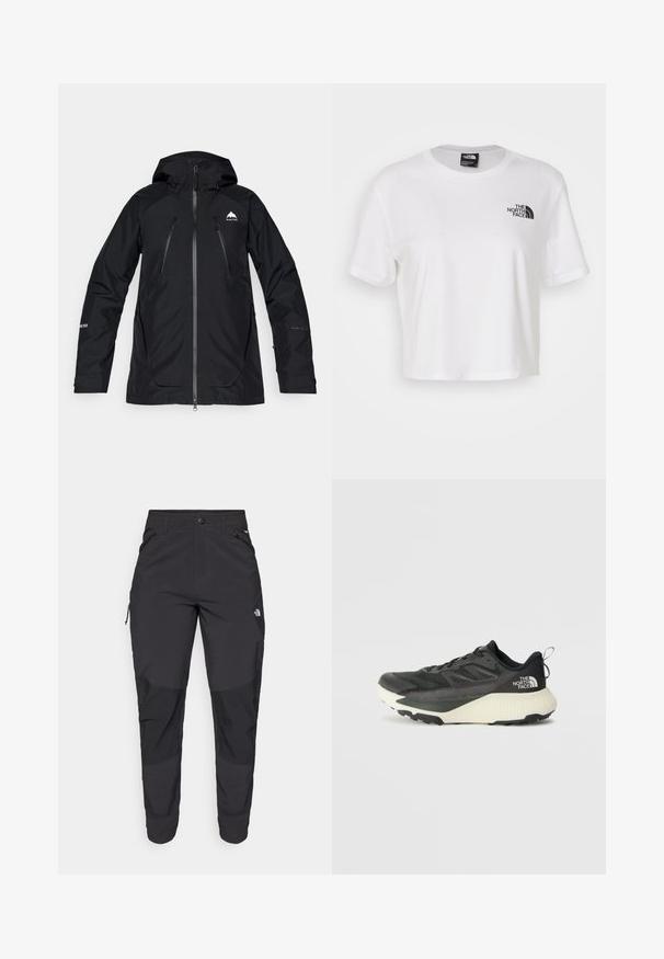 Casaco impermeável preto com capuz, apresentando bolsos com fecho, um acabamento liso e um logótipo no peito e na manga. Design leve e atlético.; T-shirt cropped branca feita de algodão com gola redonda e mangas curtas. Apresenta um logótipo preto no lado esquerdo do peito.; Calças pretas para exterior feitas de um tecido resistente. Apresentam bolsos com fecho, painéis de joelhos reforçados e um design de corte reto para maior mobilidade.; Shoe atlético preto com um cabedal texturizado, apresentando detalhes em cinza e uma entressola branca. Inclui uma alça e um logótipo da marca em destaque no calcanhar.