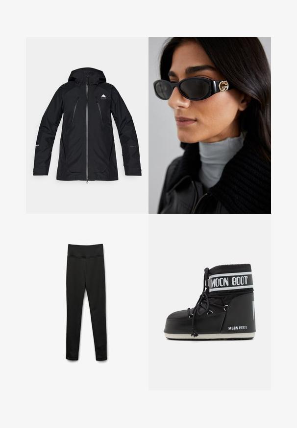 Czarna wodoodporna kurtka z kapturem, z zamykanymi kieszeniami, gładkim wykończeniem oraz logo na klatce piersiowej i rękawie. Lekki, sportowy design.; Biała bluzka z długim rękawem i kołnierzem typu golf wykonana z gładkiego, elastycznego materiału. Posiada dopasowany krój i wysoki kołnierz. Brak widocznych wzorów lub akcentów.; Czarne legginsy wykonane z elastycznego materiału, z szerokim pasem w talii. Charakteryzują się gładką fakturą i brakiem widocznych wzorów lub elementów hardware.; Czarne buty Moon Boot z wyściełanym cholewką, zabezpieczone sznurówkami i charakterystycznym białym paskiem z logo. Gruba, teksturowana gumowa podeszwa.; Czarne okulary przeciwsłoneczne o eleganckim, prostokątnym kształcie z logo w kolorze złotym na boku. Ciemne soczewki i błyszczące wykończenie są wyraźnie widoczne.