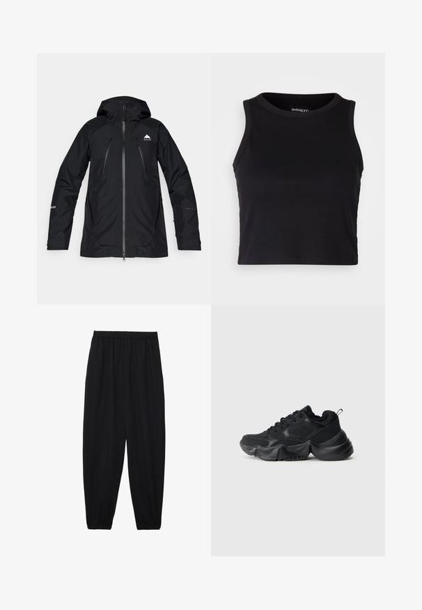 Black waterproof jacket with a hood, featuring zippered pockets, a smooth finish, and a logo on the chest and sleeve. Lightweight, athletic design.; Black ribbed crop tank top with a round neckline and sleeveless design. Made from soft, stretchy fabric, featuring clean hemmed edges.; Black, lightweight pants with an elastic waistband and gathered ankles. The fabric is smooth and features a relaxed, tapered design.; Black sneakers with a mix of smooth and textured materials, thick soles, rounded shape, and decorative stitching. Features a soft, plush cuff.