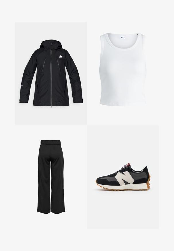 Giacca nera impermeabile con cappuccio, caratterizzata da tasche con zip, una finitura liscia e un logo sul petto e sulla manica. Design leggero e atletico.; Canottiera bianca a coste con scollatura rotonda, senza maniche e lunghezza cropped. Etichetta con la scritta "JJXX". Tessuto di texture liscia.; Pantaloni neri a gamba larga con cintura elastica, realizzati in tessuto liscio. Presentano un design pulito senza tasche o dettagli di cucitura visibili.; Sneaker in suede nero e grigio con un grande logo "N" color crema, lacci viola e una suola esterna in gomma gommosa texturizzata.