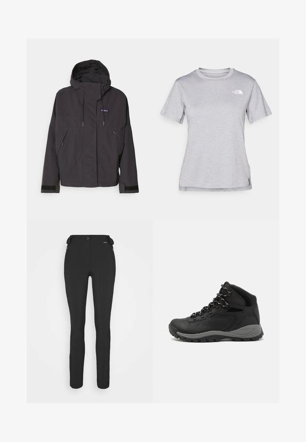 Svart hettegenser med glidelås, to frontlommer og elastiske mansjetter. Laget av et teksturert, slitesterkt stoff med synlige sømdetaljer.; Grå kortermet t-skjorte laget av myk, fukttransporterende stoff. Har en rund hals og en liten hvit logo på øvre venstre side.; Svart, tettsittende bukser laget av et fleksibelt materiale. Funksjoner inkluderer en glidelåslukket sidelomme, artikulerte knær og en glatt tekstur.; Sorte turstøvler med mid-topp design, som har en teksturert overdel, grå detaljer og slitesterk gummisåle med godt grep.