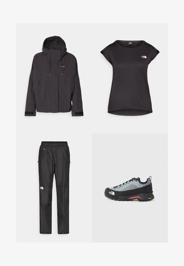 Black hooded jacket with a zip closure, two front pockets, and elastic cuffs. Made from a textured, durable fabric with visible stitching details.; The North Face TANKEN TANK - Sports T-shirt - black; Black waterproof pants made from lightweight fabric, featuring an elastic waistband, side pockets, and a logo on the left leg.; Gray and black hiking shoe with mesh and synthetic upper, rubber toe cap, red accent on sole, and Vibram outsole for traction.