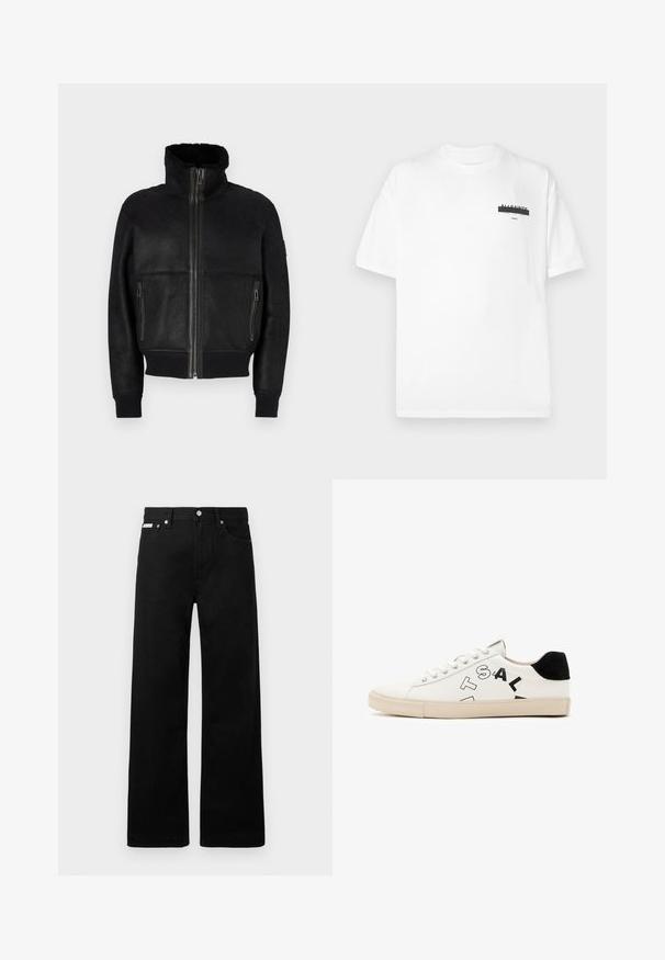 Belstaff TRACE JACKET - Kožnata jakna - black; Bijela pamučna majica s okruglim izrezom, kratkim rukavima i minimalnim crnim grafičkim uzorkom otisnutim na prsima. Mekana tekstura i standardni kroj.; Crne traperice širokog kroja, s pet džepova i metalnim dugmadi. Glatka tekstura, bez vidljivih uzoraka.; Bijele kožne tenisice s crnim naglascima na peti, s odvažnim crnim natpisima sa strane i gumenim potplatom. Minimalistički dizajn.