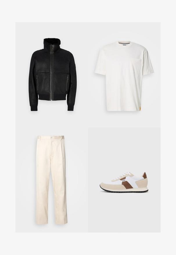 Belstaff TRACE JACKET - Odinis švarkas - black; Balta medvilnė t-shirt su apvalia iškirpte, trumpomis rankovėmis ir kišene kairėje krūtinės pusėje. Yra nedidelis logotipo ženkliukas ant šono siūlės.; Bežinės medvilninės kelnės su tiesiu kirpimu, turinčios mygtuko uždarymą ir priekyje raukšles papildomai dekoratyviam akcentui.; Batai sportiniai, pagaminti iš baltos tinklinės medžiagos ir kreminės zomšos, su rudos odos akcentu. Apvali noselė, plokščias gumos padas ir raištelių užsegimas.