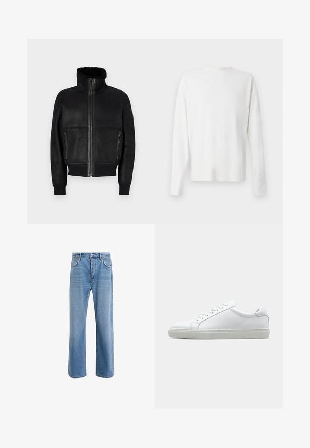 Belstaff TRACE JACKET - Jachetă piele - black; Cămașă albă din bumbac cu mâneci lungi, decolteu rotund, fante pe laterale la baza, cu o textură netedă, expusă din spate.; Jeans din denim bleu deschis cu un design drept, cinci buzunare, închidere cu buton, decolorare minimă și detalii de cusătură în contrast.; Adidași albi cu o suprafață din piele netedă și un profil jos. Au un vârf rotunjit, șase orificii pentru șireturi și o talpă din cauciuc texturată.
