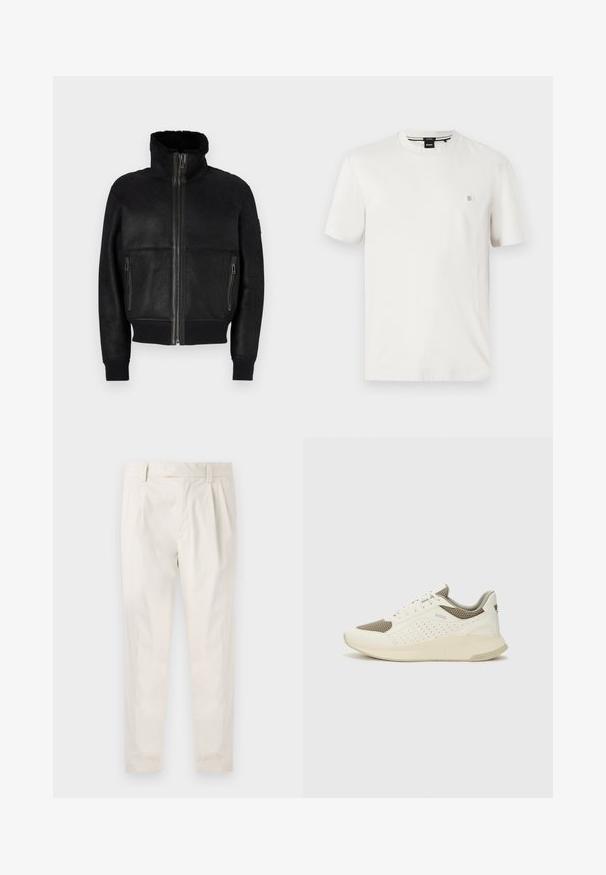 Belstaff TRACE JACKET - Usnjena jakna - black; Bela bombažna majica s kratkimi rokavi in okroglo ovratnikom ter majhnim logotipom na levi strani prsnega predela. Gladka tekstura, običajen kroj.; Bele, plisirane hlače s krojenim prileganjem, z gladko teksturo, z zankami za pas in ožjimi hlačnicami. Brez vidnih žepov ali vzorcev.; Beli in svetlo bež športni copat, s mrežastim zgornjim delom, perforiranimi detajli in teksturirano srednjim delom z blagovno znamko na peti.