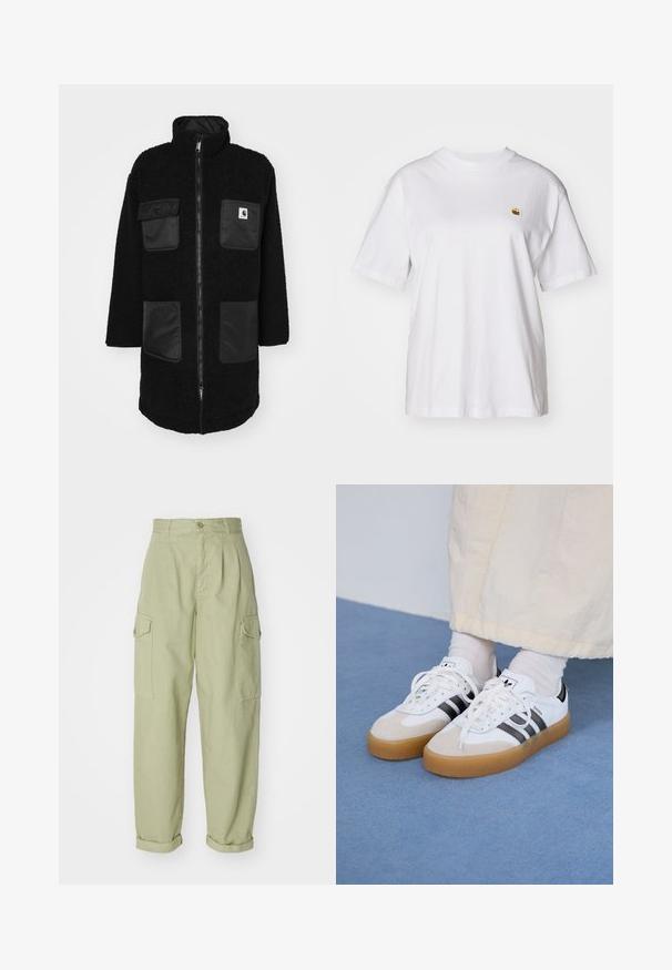Black coat made of textured fleece material, featuring a high collar, full-length zipper, and four black patch pockets.; White cotton t-shirt with a relaxed fit, short sleeves, and a small embroidered logo on the left chest area.; Light green cargo pants made from cotton fabric. Features a high waist, rolled cuffs, and two side cargo pockets for added utility.; White sneakers with black stripes and beige suede accents. Feature a textured gum sole and flat white laces, worn with light-colored socks.