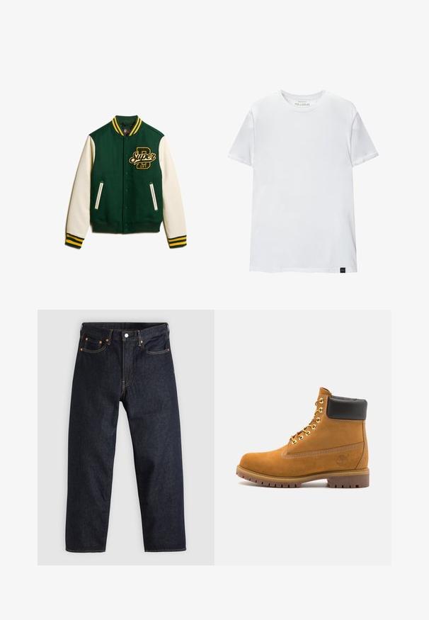 Groene wollen en witte leren varsityjack met gele accenten, voorzien van drukknoopsluitingen, zakken en een geborduurd logo op de borst.; Witte spiergetailleerde t-shirt van katoen. Ronde hals, korte mouwen, gladde textuur. Klein zwart logo-label aan de zoom. Eenvoudig ontwerp.; Donkerblauwe denim jeans met een rechte snit, vijf zakken, contrasterende oranje stiksels en een knoopsluiting. Geen zichtbare patronen of versieringen.; Tan suède enkelboot met zwart gevoerd kraagje, gouden metalen oogjes, witte stikdetails en een robuuste rubberen zool met uitgesproken profiel.