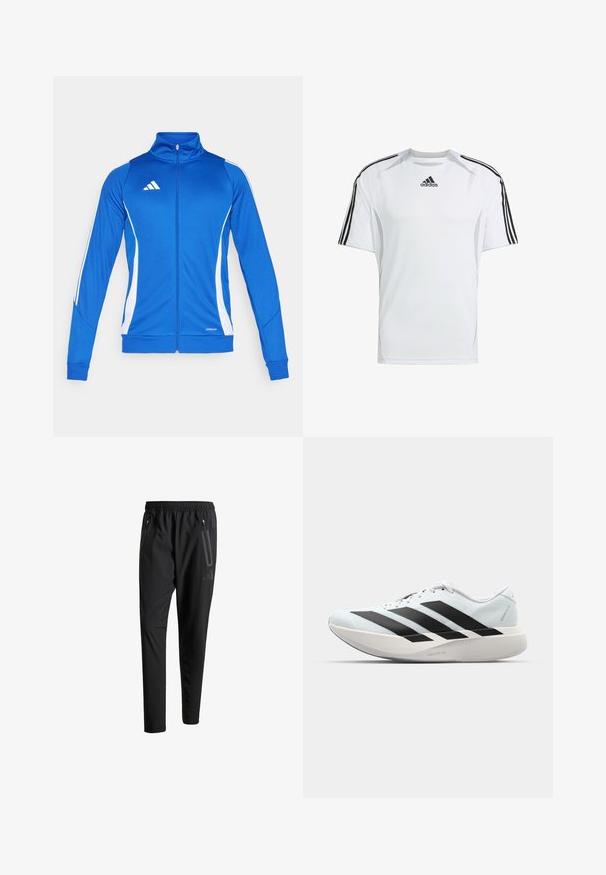 Blå idrettsjakke med hvite detaljer, hel glidelås, høy krage og ribbestrikkede mansjetter. Har logo på brystet og "AEROREADY"-detalj nederst.; Hvit kortermet treningsskjorte med svarte Adidas tre-stripes detaljer på skuldrene, laget av glat og lett stoff.; Svarte treningsbukser med elastisk liv, to glidelåslommer på sidene, avsmalnende ben og en subtil logo detalj ved hoften.; Lette løpesko i lys blå med svarte striper. Har en myk overdel, rund tå og tykk hvit mellomsole merket "LIGHTSTRIKE PRO."