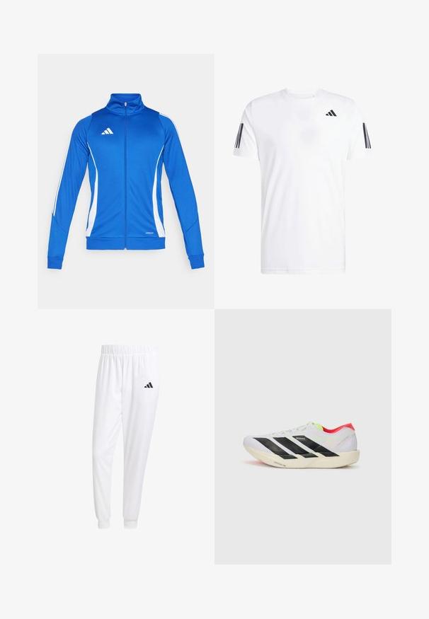 Modrá športová bunda s bielymi akcentmi, s plným zipsom, vysokým golierom a žebrovanými manžetami. Obsahuje logo na hrudi a detail "AEROREADY" na spodnom leme.; Biela tričko vyrobené z látky, s krátkymi rukávmi, okrúhlym výstrihom a tromi čiernymi diagonálnymi pruhmi na každom rukáve. Jemné logo na hrudi.; Biele športové nohavice z hladkej tkaniny, s elastickým pásom a priliehavými manžetami, s čiernym logom na zadnej vrecku.; Biele behacie topánky s čiernymi pruhmi, neonovo zelenými akcentmi a červeným podpätkom. Majú ľahkú konštrukciu a textúrovanú podrážku pre lepšiu trakciu.