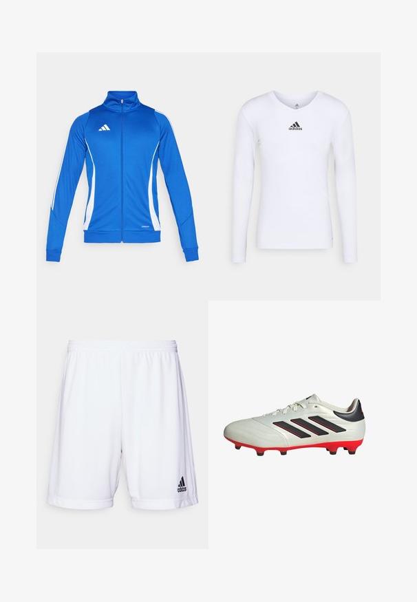 Blue athletic jacket with white accents, full zip, high collar, and ribbed cuffs. Features logo on the chest and "AEROREADY" detail on the hem.; Long-sleeve white athletic shirt made of smooth material featuring a black Adidas logo at the chest; V-neck design and fitted shape.; White athletic shorts with an elastic waistband, made from a smooth fabric. Features a black Adidas logo on the lower left side.; White soccer cleat with black accents and red sole. Features three black stripes on the side and a smooth textured upper.