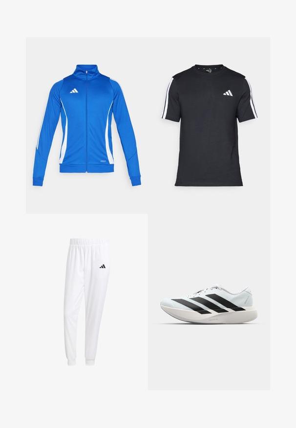 Blaue Sportjacke mit weißen Akzenten, durchgehendem Reißverschluss, hohem Kragen und gerippten Bündchen. Mit Logo auf der Brust und "AEROREADY"-Detail am Saum.; Schwarzes T-Shirt aus Baumwolle mit kurzen Ärmeln, ausgestattet mit weißen Streifen auf den Schultern und einem weißen Logo auf der linken Brust.; Weiße Sporthose aus glattem Stoff, mit einem elastischen Bund und enganliegenden Bündchen, mit einem schwarzen Logo auf der Gesäßtasche.; Leichte Laufschuhe in hellblau mit schwarzen Streifen. Sie verfügen über ein glattes Obermaterial, eine runde Zehenpartie und eine dicke weiße Zwischensohle, die mit "LIGHTSTRIKE PRO" beschriftet ist.