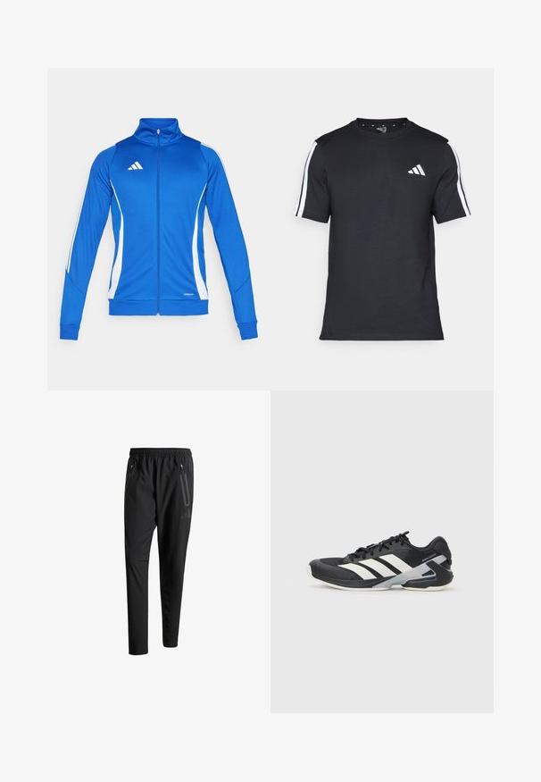 Jachetă sportivă albastră cu accente albe, cu fermoar complet, guler înalt și manșete ribbate. Prezintă un logo pe piept și detaliul "AEROREADY" pe tiv.; Tricou negru din bumbac, cu mâneci scurte, având dungi albe pe umeri și un logo alb pe pieptul stâng.; Pantaloni atletici negri cu talie elastică, două buzunare laterale cu fermoar, picioare conice și un detaliu logo discret pe șold.; Pantofii sport negri cu dungi albe, superior din plasă, vârf rotunjit și talpă îmbunătățită pentru amortizare. Au o călcătură texturată și un sistem de șireturi securizat.