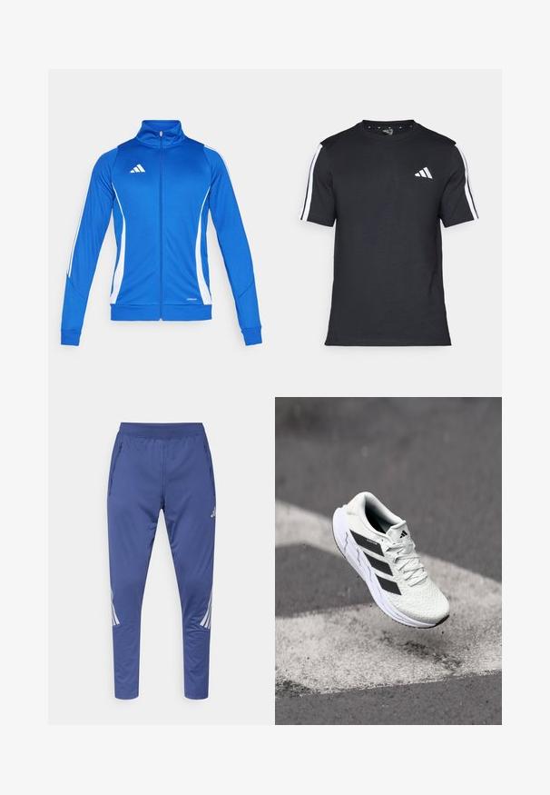 Blå atletisk jakke med hvide detaljer, fuld lynlås, høj krave og ribbede manchetter. Har logo på brystet og "AEROREADY" detalje i kanten.; Sort T-shirt fremstillet af cotton med korte ærmer, udstyret med hvide striber på skuldrene og et hvidt logo på venstre bryst.; Blå atletikbukser med elastisk linning, sidelommer med lynlås og hvide diagonale striber på siderne. Fremstillet af et glat, let materiale.; Hvid atletisk sko med tekstureret netoverdel, sorte striber, snørebåndslukning og en polstret sål, som svæver over en markeret vejoverflade.