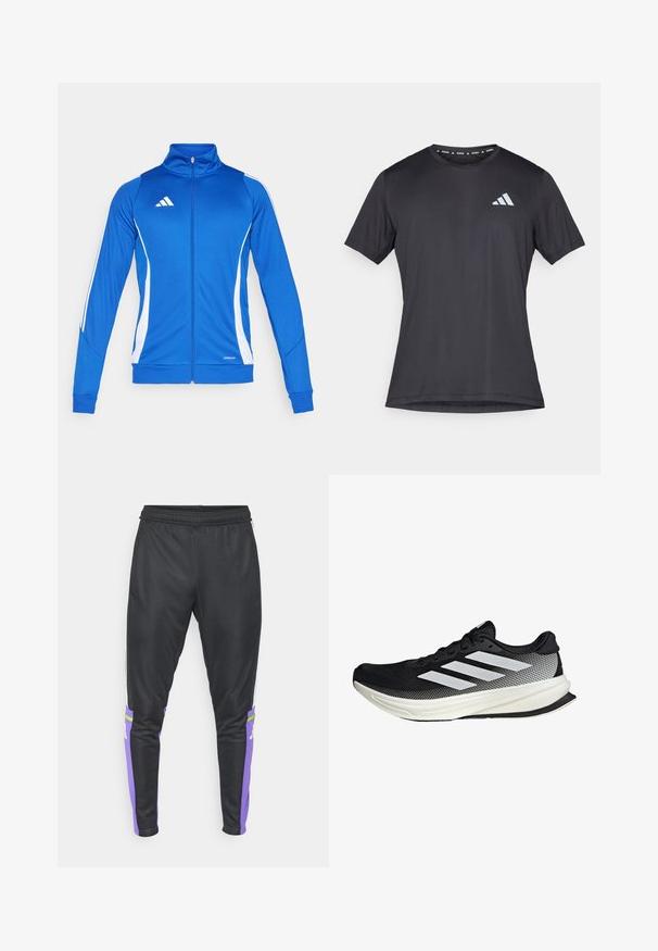 Sininen urheilu takki, jossa on valkoisia yksityiskohtia, täysivetoketju, korkea kaulus ja ribbireunat. Takissa on logo rintapielessä ja "AEROREADY" -yksityiskohta helman kohdalla.; Musta urheilupaita, lyhyet hihat, pyöreä pääntie, valmistettu kevyestä kankaasta. Etuosassa heijastava Adidas-logo.; adidas Performance SQUADRA REGULAR FIT - Verryttelyhousut - black/purple rush; Musta urheilukengä, jossa on verkkomaisia yksityiskohtia, valkoiset raidat, pyöristetty kärki ja pintakuvioitu pohja pidon ja tuen tarjoamiseksi.