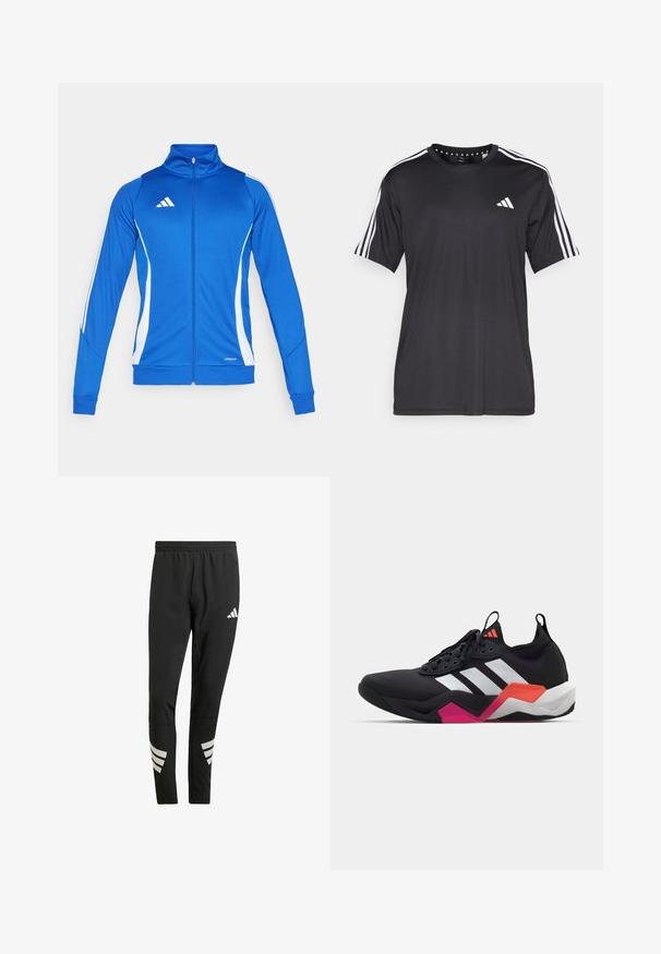 Plava atletska jakna s bijelim detaljima, puni zatvarač, visoki ovratnik i rebrasti rukavi. Sadrži logo na prsima i detalj "AEROREADY" na rubu.; Crna majica kratkih rukava s bijelim trostrukim dizajnom na ramenima i logotipom na prsima. Izrađena od prozračnog materijala, glatke teksture.; Crne sportske hlače s elastičnim pojasom, s reflektirajućim bijelim akcentima u prugastom uzorku na donjim dijelovima nogavica. Izrađene od glatkog materijala.; Crne atletske tenisice s bijelim prugama, teksturiranim gornjim dijelom i debelim potplatom s narančastim, ružičastim i bijelim detaljima. Dizajn s vezicama i trakom za povlačenje.