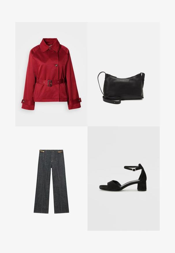 Rote Jacke mit Gürtel, kragenloser Halslinie, großem Vorderknopf und strukturierten Ärmeln. Hergestellt aus glattem Stoff mit einer eleganten Oberfläche.; Weißes kurzärmeliges Hemd aus leichtem Stoff, mit klassischem Kragen, Knopfverschluss und abgerundetem Saum mit subtiler Textur.; Helle Jeans mit weitem Bein und hoher Taille. Mit sichtbaren Nähten, einem Knopfverschluss und einem einzigartigen Kettenakzent an der Taille.; Schwarze Wildleder-Espadrilles mit einem dünnen Knöchelriemen, offener Zehenpartie und moderatem Blockabsatz. Glatte Textur und minimale Akzente.; Schwarze Ledertasche für die Schulter mit glatter Textur, geschwungener Form, verstellbarem Tragegurt und Reißverschluss. Minimalistisches Design ohne Verzierungen.