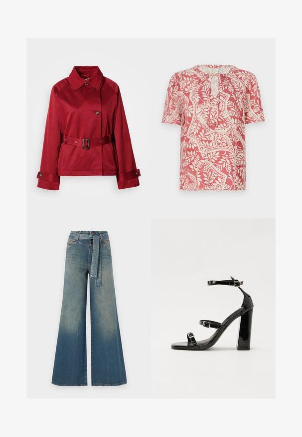 Rode jasje met riem, een kraag en een grote knoop aan de voorkant, en gestructureerde mouwen. Gemaakt van een gladde stof met een strakke afwerking.; Korte mouwen blouse in lichtrood met een crèmekleurig bloemen- en geometrisch patroon, met een keyhole-halslijn en zachte, lichte stof.; Wijduitlopende denim broek met een lichte naar donkere blauwe gradient, hoge taille, riemlussen en een bijpassende stoffen riem. Gestructureerde denimafwerking.; Zwarte gepatenteerde sandalen met hak en een vierkante neus, enkelbandjes en zilveren gespen. Heeft een stevige blokhak voor stabiliteit.