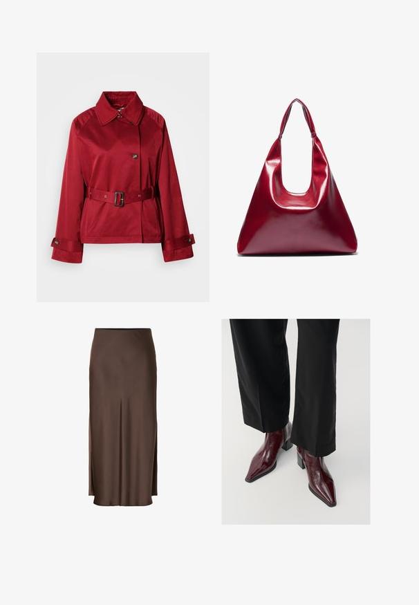 Red, belted jacket with a collared neckline, large front button, and structured sleeves. Made of smooth fabric with a sleek finish.; Red short-sleeve top with a wrap design, featuring gathered texture on the side and a smooth, soft fabric finish.; Brown satin skirt with a straight design, featuring side slits for ease of movement and a smooth texture throughout the fabric.; Burgundy patent leather ankle boots with a pointed toe, chunky heel, and textured finish, paired with black wide-leg trousers.; Red glossy leather handbag with a triangular shape, wide top opening, and a single curved handle. Smooth texture with minimal stitching details.; Set of twelve hoop earrings in silver and gold tones. Includes twisted, smooth, and textured designs with various sizes and finishes.