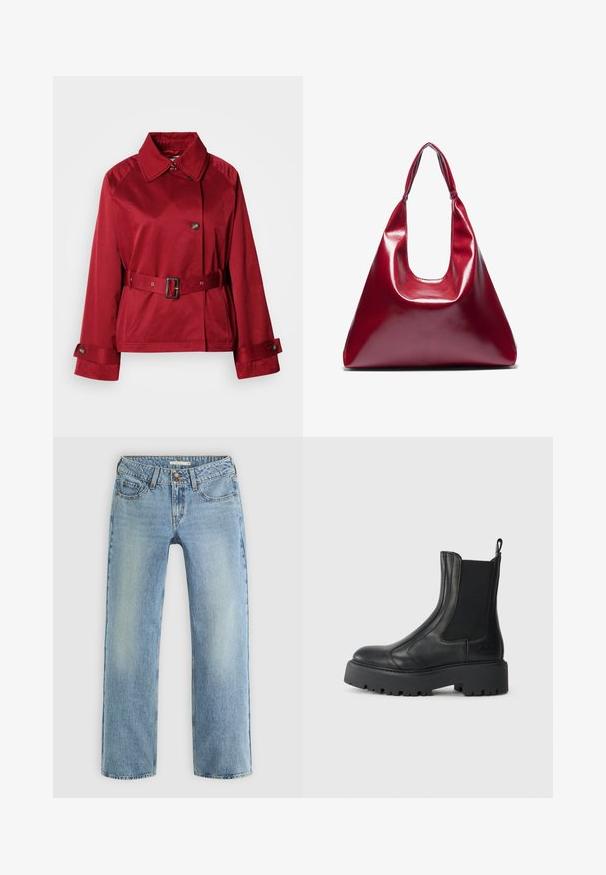 Chaqueta roja con cinturón, cuello con solapa, gran botón frontal y mangas estructuradas. Hecha de un tejido suave con un acabado elegante.; Dos camisetas de manga larga. Una blanca y una negra, ambas de algodón ligero con un amplio escote barco y ajuste ceñido.; Jeans de pierna recta de color azul claro, confeccionados en denim, con cierre de botón, cinco bolsillos y un ligero desgastado a lo largo de las piernas.; Botín negro de cuero con paneles laterales elásticos, punta redonda y suela de goma texturizada gruesa. Cuenta con un tirador en la parte trasera.; Bolso de piel sintética rojo brillante con forma triangular, abertura superior amplia y un asa curva. Textura suave con detalles de costura mínimos.; Conjunto de doce pendientes de aro en tonos plateados y dorados. Incluye diseños retorcidos, lisos y texturizados en varios tamaños y acabados.