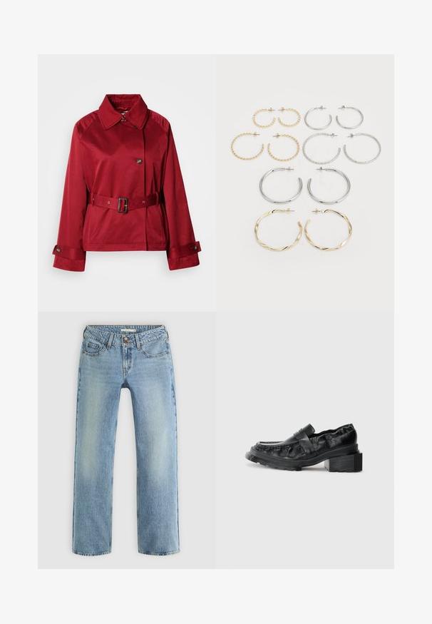 Punane vööga jakk, millel on kaelusega dekoltee, suur esine nööp ja struktureeritud varrukad. Valmistatud sileda kangaga, millel on läikiv viimistlus.; Kaks pikka varrukatopsi. Üks valge ja teine must, mõlemad kerged puuvillased, laia paadikaeluse ja kitsaste lõigetega.; Heledad sinise värvi sirged teksapüksid, mis on valmistatud denimist, varustatud nupuluku ja viie taskuga, ning neil on jalgadele peened hajumised.; Mustad nahast loafers, millel on struktureeritud tald, kergelt tõstetud plokknina konts ja tekstureeritud ülaserv, mis on kinnitatud ees oleva rihmaga.; Kaksitoista rõngaskõrvarõngast hõbe- ja kuldtoonides. Sisaldab keerutatud, siledat ja tekstureeritud disaini erinevates suurustes ja viimistlustes.