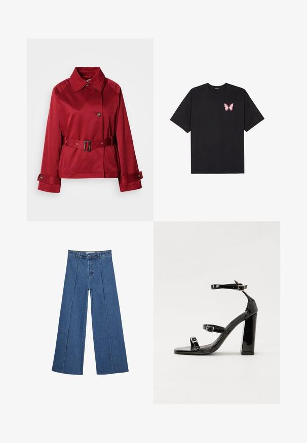 Czerwona kurtka z paskiem, z kołnierzykiem, dużym guzikiem z przodu i wyraźnymi rękawami. Wykonana z gładkiego materiału o eleganckim wykończeniu.; Czarny bawełniany t-shirt z krótkim rękawem, z małym różowym motylkiem na lewej piersi. Klasyczny dekolt z luźnym fasonem.; Jeans typu wide-leg w średnim niebieskim kolorze, z wysokim stanem, zapięciem na guziki oraz kontrastowymi szwami pionowymi z przodu.; Czarne lakierowane sandały na obcasie z kwadratowym noskiem, z paskami wokół kostki i srebrnymi klamrami. Posiadają masywny słupek dla stabilności.