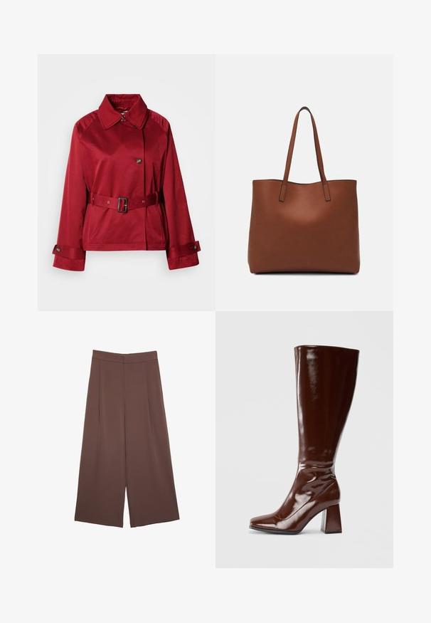 Rote Jacke mit Gürtel, kragenloser Halslinie, großem Vorderknopf und strukturierten Ärmeln. Hergestellt aus glattem Stoff mit einer eleganten Oberfläche.; Helles beige T-Shirt mit kurzen Ärmeln und Rundhalsausschnitt, aus weichem, glattem Stoff gefertigt. Verfügt über eine lockere Passform und einen geraden Saum.; Braune Weite-Leg-Hosen mit einer glatten Textur, hoher Taille und Vorderfalten. Der Stoff ist leicht und fällt locker.; Knöchelhohe braune Lacklederstiefel mit quadratischer Spitze, glänzender Oberfläche und stabilen Blockabsätzen. Nahtloses Design ohne sichtbare Beschläge.; Braune Leder-Tote mit glatter Textur, offenem Oberteil und zwei Schulterriemen. Verfügt über minimale Nähte und keine sichtbaren Beschläge.