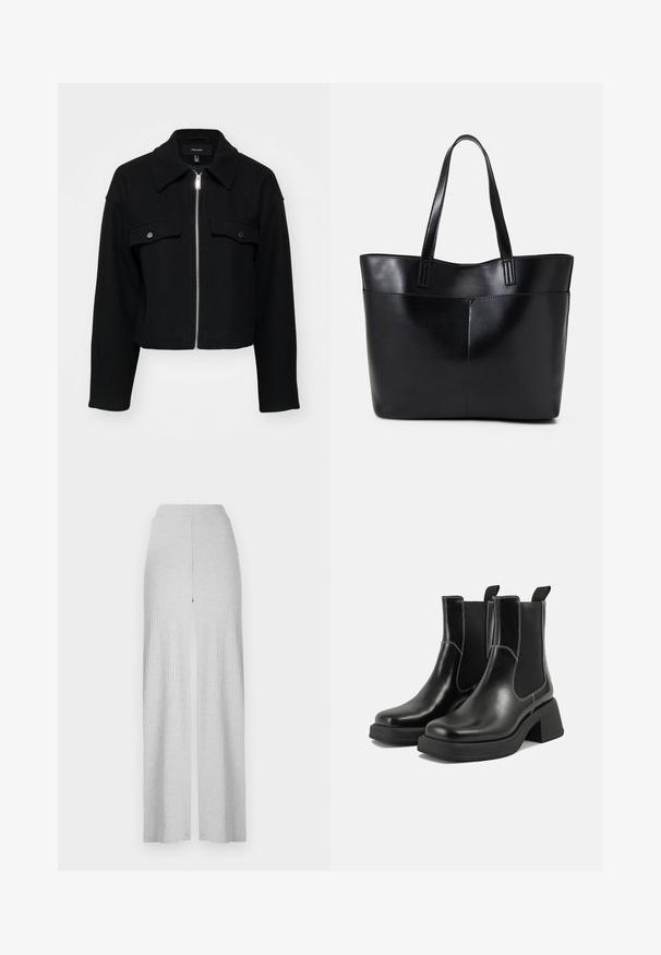 Lühike must jakk, mis on valmistatud pehmest kangast, millel on lukuga esiosa, terav krae ja kaks rinna taskut, millel on hõbedased nööbid.; Varrukatega tumesinine soonikkoes, millel on pikkade varrukatega ja sügava kaelusega, kitsas siluett. Pehme tekstuur, minimalistlik disain ja nähtava riistvarata.; Heledad hallhalli ribatatud lai jalataskud kõrge vöökoht ja ees olev lõhe. Valmistatud pehmest kangast, millel on sile tekstuur.; Must musta Chelsea saapad, millel on paks konts, elastsed külgpaneelid ja kontrastne valge õmblus. Tekstuuriga viimistlus.; Must mustaga musta nahast, millel on kaks pikka kanda, sile tekstuur ja struktureeritud kuju. Esipoolsel on lisakoti jaoks tasku.