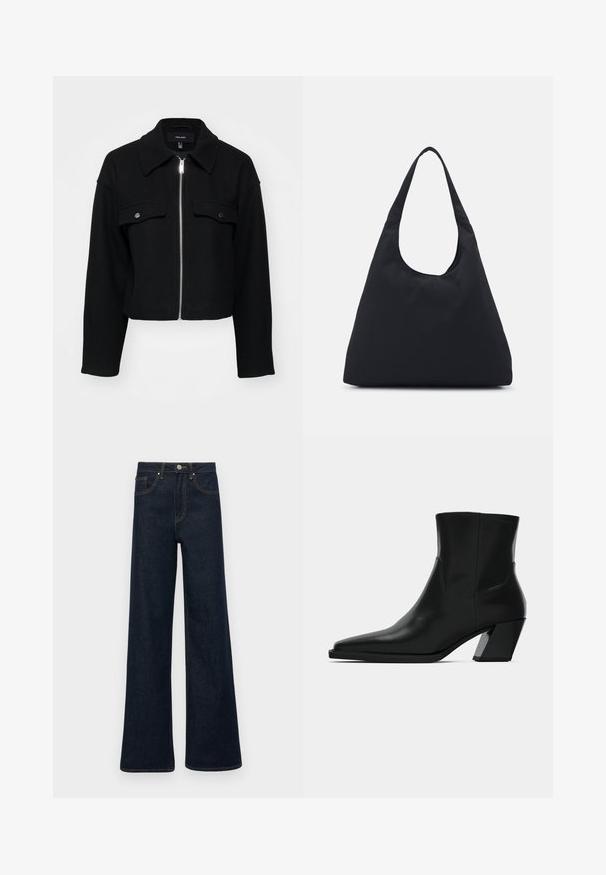 Kort svart jakke laget av myk stoff, med glidelås foran, spiss krage og to brystlommer med sølvfargede trykknapper.; Hvit kabelstrikket høyhalset genser med en cropped silhuett, med ribbestrikkede mansjetter og kant. Myk tekstur med et koselig, chunky design.; Mørkeblå bredbente dongeribukser med frontlommer, beltehemper og knappelukking.; Svart lær ankelboot med spiss tå, en strømlinjeformet silhuett og en kraftig kvadratisk hæl. Glatt tekstur med minimale sømdetaljer.; Svart stoffbag med en enkelt, bred skulderrem. Myk, semi-strukturert form og glatt tekstur; minimalistisk design, uten synlig maskinvare.