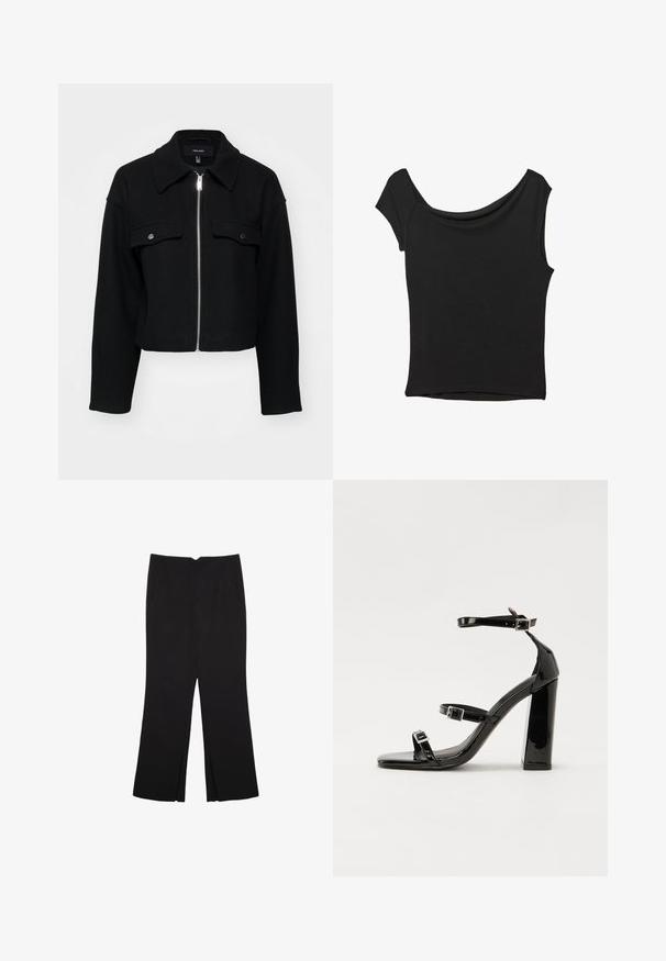 Kratka črna jakna iz mehkega blaga, s sprednjim zadrgo, koničastim ovratnikom in dvema prsima žepoma z srebrnimi gumbi.; Črna kratka majica s kratkimi rokavi iz gladkega blaga; ima drapiran izrez in asimetrično spodnjo rob, s prilegnjenim telesom.; Črne hlače ravnega kroja z naglavnimi žepi in stranskimi razporki na robu. Narejene iz mehke, gladke tkanine. Primerne za različne priložnosti.; Črne lakirane sandale s peto, kvadratnim prstom, trakovi okrog gležnja in srebrnimi zaponkami. Opremljene so s stabilno Debelo peto.