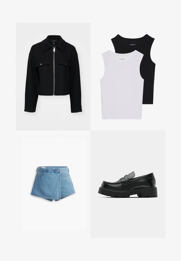 Skraćena crna jakna od mekanog materijala, s prednjim zatvaračem, šiljastim kragnom i dva prednja džepa s srebrnim dugmadi na dugme.; Dva majica bez rukava u crnoj i bijeloj boji, izrađene od rebrastog pamuka, s okruglim izrezima i prianjajućim dizajnom. Oznake su vidljive na obje.; Traperice kratke hlače u svijetloplavoj boji, s dizajnom preklopa, prednjim džepovima i metalnim zatvaranjem na dugme. Glatka textura s prošivenim rubovima.; Crne kožne mokasine s debelim teksturiranim potplatom, s trakicom preko prednjeg dijela i glatkom, poliranom završnom obradom.