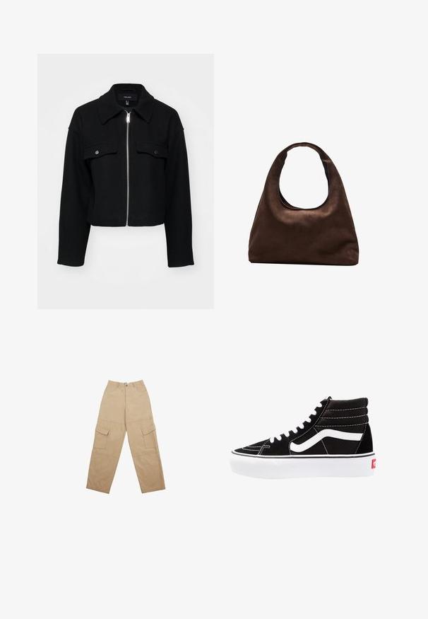 Afskåret sort jakke lavet af blødt stof, med lynlås fortil, spids krave og to brystlommer med sølvfarvede trykknapper.; To stribede toppe i sort og hvid, lavet af ribbet bomuld, med runde halsudskæringer og en tætsiddende pasform. Etiketter synlige på begge.; Beige cargobukser lavet af stof, med to frontlommer og et afslappet, bredt ben design. Livremmen har en knap og lynlås lukning.; Sorte høj-top sneakers med hvide snørebånd, et hvidt logo og kontrasterende hvid syning. Har en tyk hvid sål og struktureret ruskindsoverdel.; Blød brun hobo-stil håndtaske med en enkelt bred strop og en buet åbning på toppen, vist på en hvid baggrund.