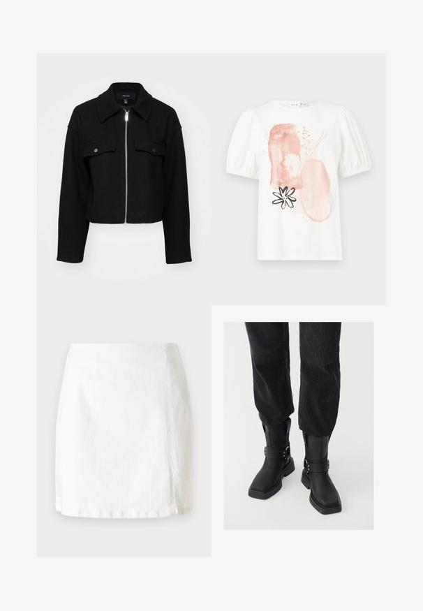 Lühike must jakk, mis on valmistatud pehmest kangast, millel on lukuga esiosa, terav krae ja kaks rinna taskut, millel on hõbedased nööbid.; Valge lühikeste varrukatega pluus, millel on puhvõivad, esitleb abstraktseid roosa ja kuldsetest mustritest ning musta lillemotiivi ees.; Valge denimi mini-seelik sirge lõikega, millel on väike külgnev lõhe ja puhtad stitchingu detailid minimalistlikuks disainiks.; Mustas nahast pahkluu saapad ruudukujulise varbaga, laia rihma ja metallist luku detailiga. Saapad on tummise tallaga ja siledast tekstuurist.