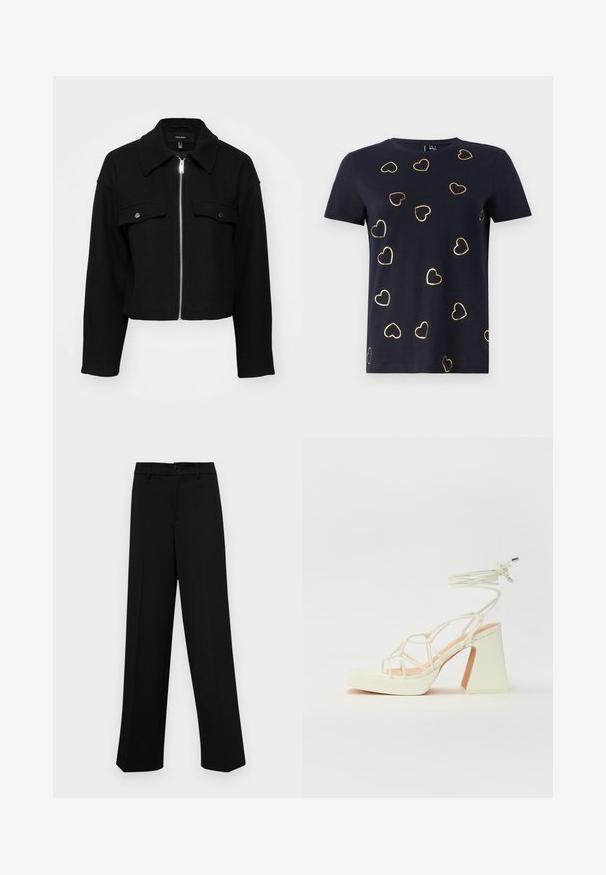 Cropped black jacket made of soft fabric, featuring a zip front, pointed collar, and two chest pockets with silver snap buttons.; Navy short-sleeve t-shirt in cotton with gold outlined heart patterns scattered across the fabric. Round neckline. Soft texture.; Black wide-leg trousers made of smooth fabric, featuring a classic waistband with a button closure and front pleats.; White high-heeled sandal with a chunky heel, featuring a strappy design and ankle tie. Smooth texture with a platform front for added height.