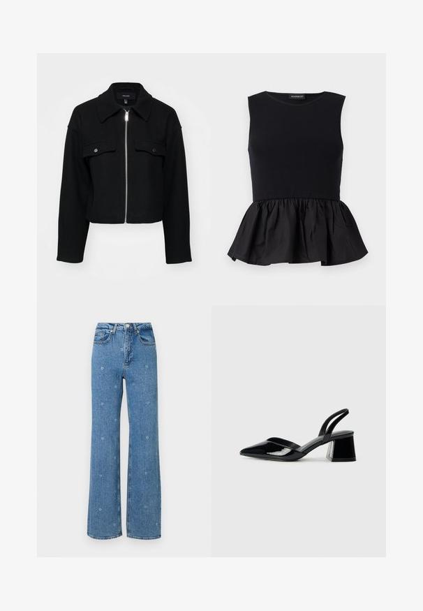 Pjautos juodas švarkas, pagamintas iš švelnios medžiagos, su užtrauktuku priekyje, smailiu apykakle ir dviem krūtinės kišenėmis su sidabriniais snapeliais.; Juodas be rankovių marškinėlis su raukšlėtu viršutiniu sluoksniu ir plačiu, sukauptu peplumu apačioje. Lygus paviršius, vientisos spalvos visame audinyje.; Mėlynos aukštu liemeniu tiesios kojos džinsai, ant audinio išmarginti smulkiu baltu gėlių siuvinėjimu.; Juodos lakuotos odinės šlepetės su smailiu pirštu ir geometriniu bloko kulnu. Turi elegantišką, minimalistinį dizainą ir lygų paviršių.