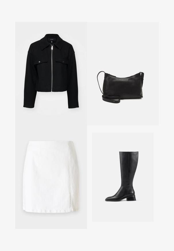 Pjautos juodas švarkas, pagamintas iš švelnios medžiagos, su užtrauktuku priekyje, smailiu apykakle ir dviem krūtinės kišenėmis su sidabriniais snapeliais.; Pateikiamos dvi liemenėlės: viena juoda, kita balta. Abi turi plonas petnešas ir prigludusį dizainą, pagamintos iš lygaus, elastingo audinio.; Balta džinsinė mini sijonas su tiesiu kirpimu, turintis mažą šoną plyšį ir švarių siuvimo detalių minimalistiškam dizainui.; Juodų odinių batų iki kelių su apvalia nosimi ir žemu, kvadratiniu kulnu. Pasižymi lygia tekstūra ir minimaliais siuvinėjimo akcentais.; Juodas odinis petinis krepšys su lygiu paviršiumi, išlenkta forma, reguliuojama dirželiu ir užtrauktuku. Minimalistinis dizainas be puošmenų.