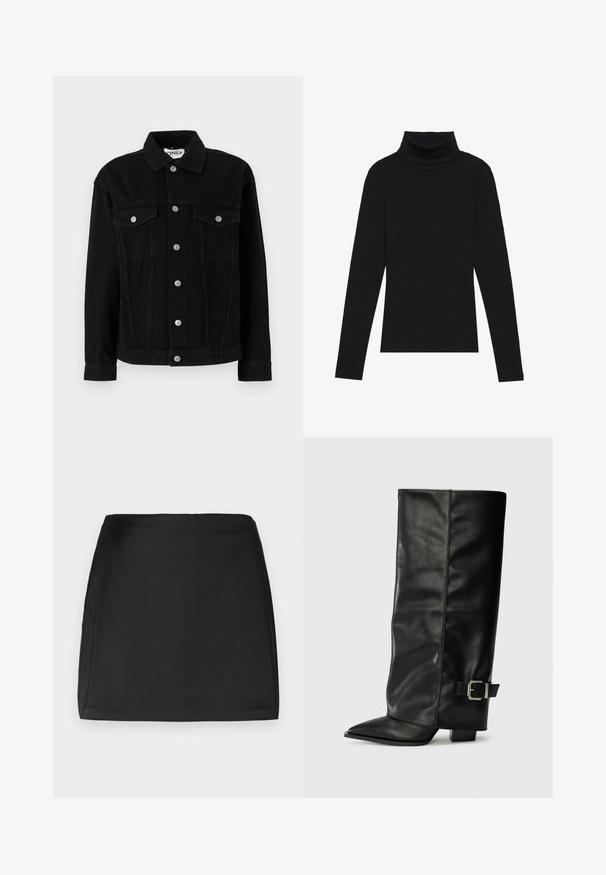 Mustvalge denim jakk pika varrukaga, terava kraega ja kahe rinna taskuga. Omab hõbedaste nööbiplokkidega sulgemist ja sirget lõiget.; Mustavööne, pika varrukaga kõrge kaelusega T-särk, mis on valmistatud ribakanga materjalist, omab sobivat disaini ja ei sisalda mustreid ega aksessuaare.; Musträkk musta seelik, sile tekstuur, sirge lõige, nähtamatute kinnituste või kaunistusteta, vohivaba, minimalistlik disain.; Mustad musta nahast pahkluu kingad, millel on terav nina, sile tekstuur ja hõbedane pandlaaksent küljel. Tõmblukuga suur ruudukujuline konts.
