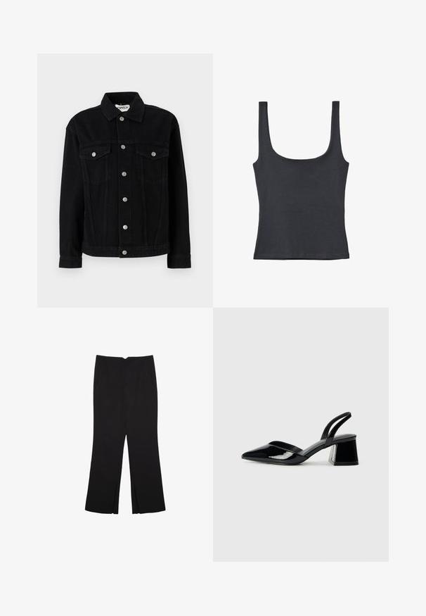 Crna traper jakna s dugim rukavima, šiljastim ovratnikom i dva džepa na prsima. Ima srebrne dugmadi na preklop i ravni kroj.; Crni majica bez rukava napravljena od mekog pamuka, s okruglim izrezom i širokim naramenicama, s prilagodljivim dizajnom i bez vidljivih uzoraka.; Crne hlače ravnog kroja, s prednjim džepovima i bočnim prorezima na rubu. Izrađene od mekog i glatkog materijala. Pogodne za razne prigode.; Crne lakirane kožne sandale s otvorenom petom i špicastim vrhom, s geometrijskom blok petom. Imaju elegantan, minimalistički dizajn i glatku teksturu.