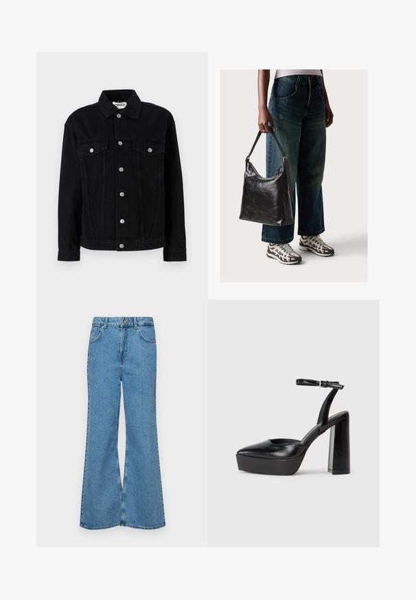 Zwart spijkerjack met lange mouwen, een puntige kraag en twee borstzakken. Beschikt over zilveren drukknoopsluitingen en een rechte snit.; Zwarte katoenen t-shirt met korte mouwen, voorzien van een kleine roze vlinder graphic op de linkerkant van de borst. Crew neck ontwerp met een relaxte fit.; Lichtblauwe flared jeans van denim, met een hoge taille, vijf zakken en een enkele knoopsluiting. Zachte textuur met een vervaagde afwerking.; Zwarte plateauhakken met een puntige neus en verstelbare enkelband. Gemaakt van soepel leer, met een robuuste blokhak.; Zwarte leren schoudertas met een gladde textuur en een verstelbare strap, gecombineerd met vervaagde wijde jeans en sportieve sneakers.