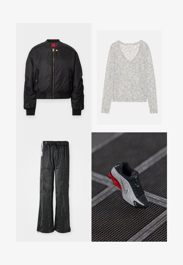 Giubbotto bomber nero con zip frontale, collo e polsini a costine, tasche laterali e dettagli in metallo dorato. Texture esterna liscia.; Maglietta grigia a maniche lunghe con scollo a V, caratterizzata da una sottile texture a macchie e materiale in maglia morbida. L'etichetta riporta "ANNA FIELD."; Pantaloni cargo neri realizzati in tessuto lucido e strutturato. Presentano un design a gamba larga, una vita elastica con cordino e numerose tasche laterali.; Scarpa sportiva nera e grigia con suola imbottita rossa, lacci neri e logo swoosh, poggiata su una superficie in griglia metallica.